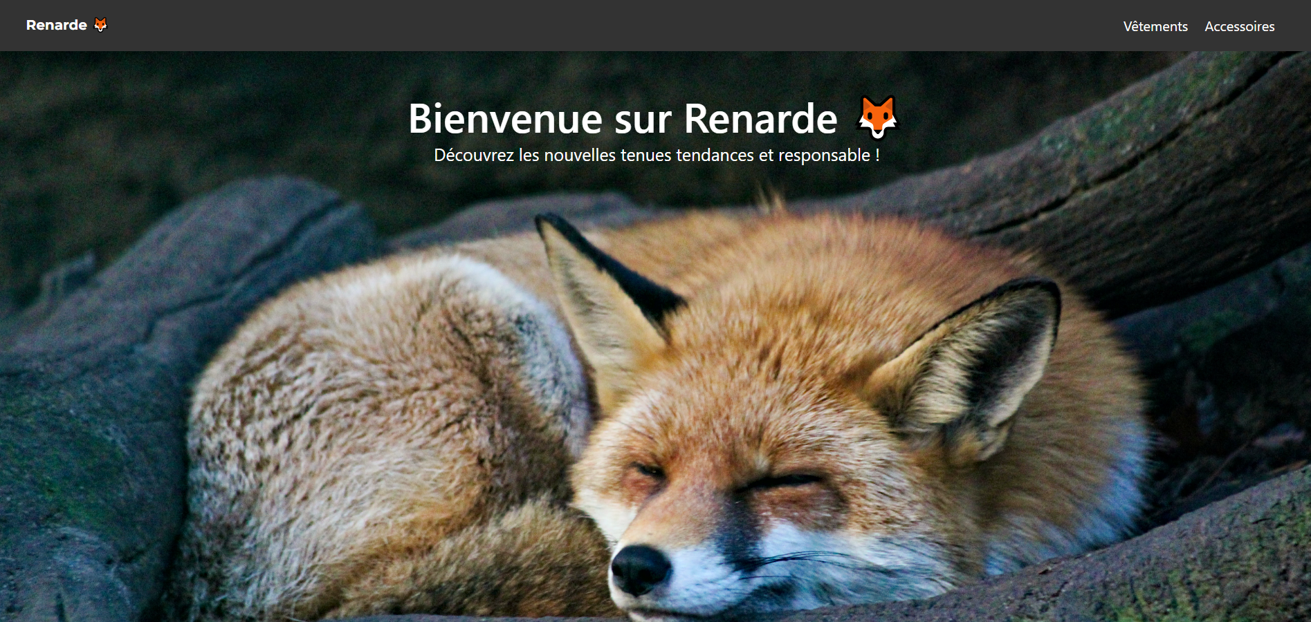 Bannière de site web avec une image de fond d'un renard endormi et le texte 'Bienvenue sur Renarde'.